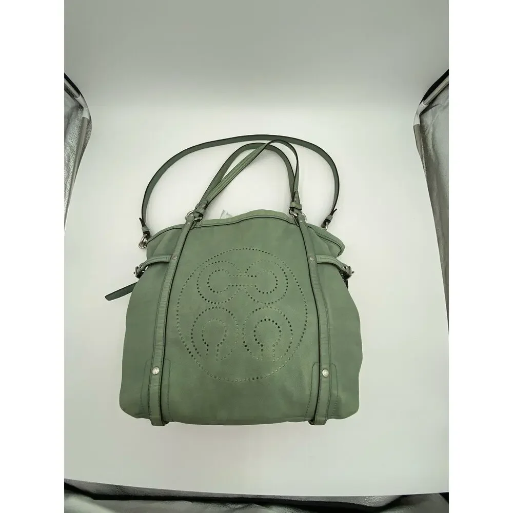 Coach Audrey Cinched Shoulder Bag Green Leather Double Handle Large 17064 READ